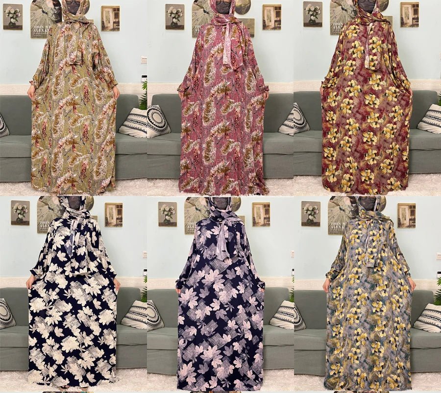 Muslim Cotton Abayas For Women Traditional Floral Ramadan Prayer Garment African Caftan Marocain Femme Robe Connected Headscarf - Bako Bako