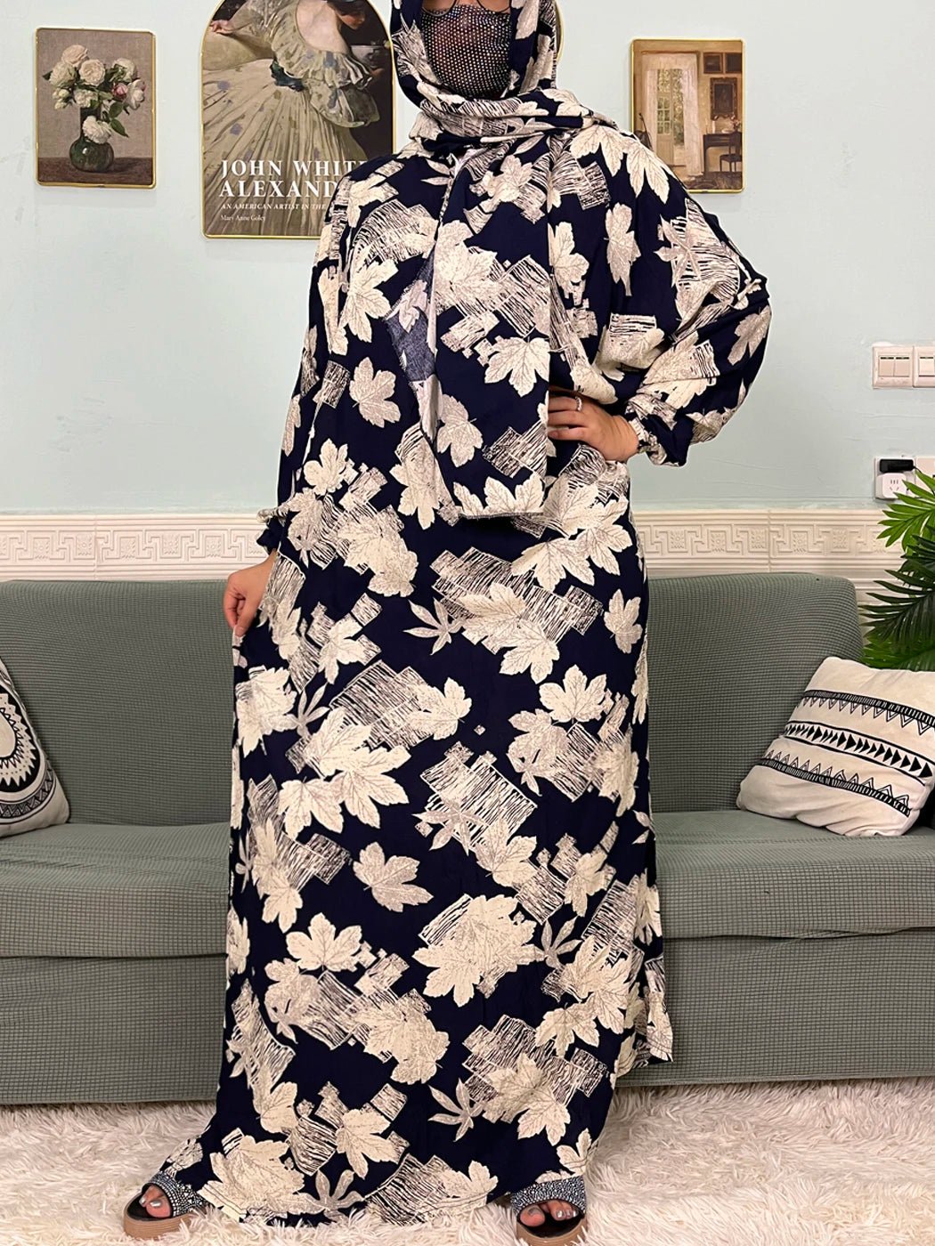 Muslim Cotton Abayas For Women Traditional Floral Ramadan Prayer Garment African Caftan Marocain Femme Robe Connected Headscarf - Bako Bako
