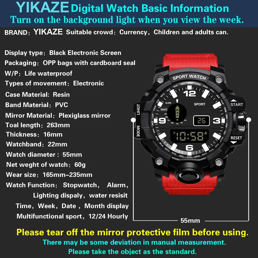 Fashion Men's Watch Sports Electronic Wristwatch Large dial Multifunctional Waterproof Luminous Alarm Kids Male's Military Watch - Bako Bako