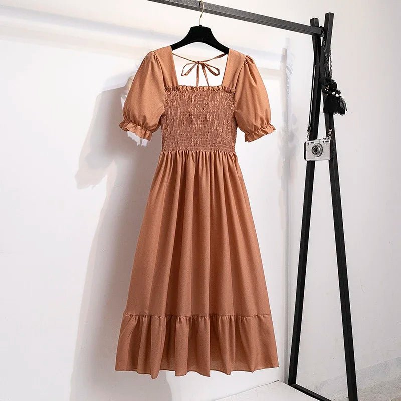 Spring Summer Chiffon Dresses Fashion Female Elastic Waist Short Sleeve Pleated Casual Dress Women A - line Dresses Vestidos - Bako Bako
