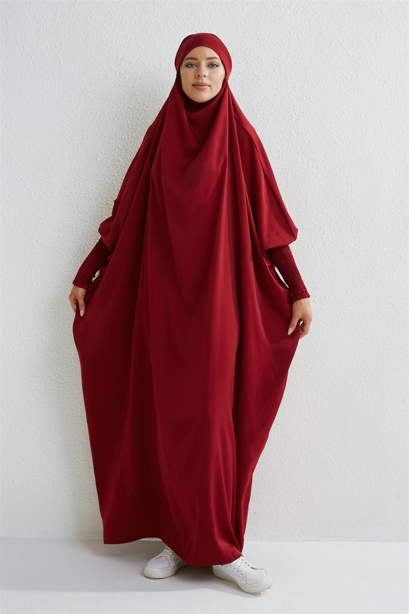 Muslim Abaya Hooded Smocking Sleeve One - piece Prayer Dress Women Jilbab Islamic Clothing Dubai Saudi Black Robe Turkish Modesty - Bako Bako