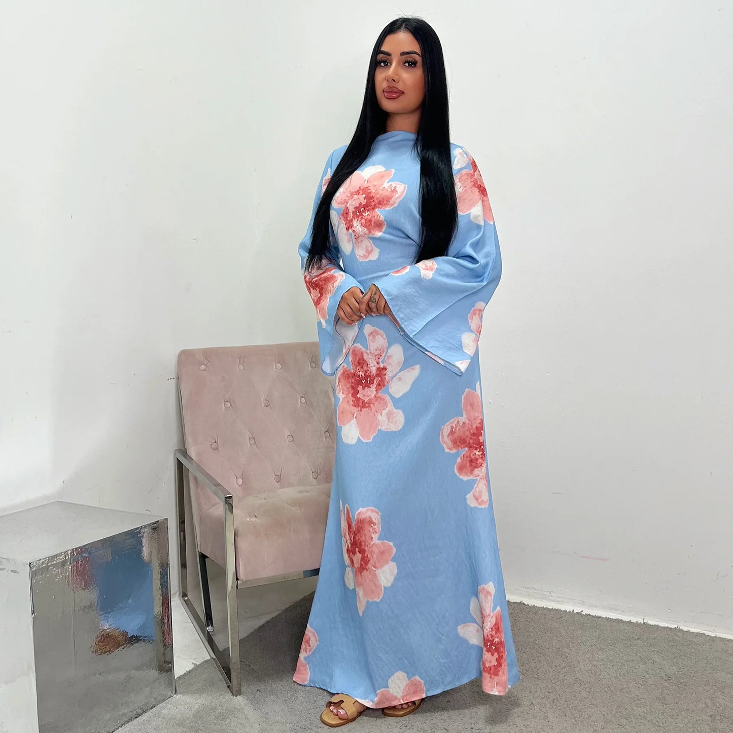 Arabesque Bell Sleeve Flowy Maxi Abaya Dress Elegant Floral Print Muslim Modest Long Dress Islamic Vacation Outfit Summer Robe - Bako Bako