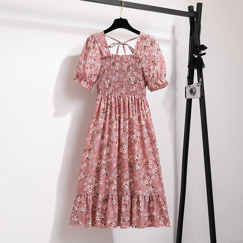 Spring Summer Chiffon Dresses Fashion Female Elastic Waist Short Sleeve Pleated Casual Dress Women A - line Dresses Vestidos - Bako Bako