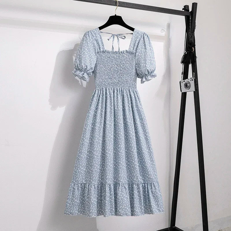 Spring Summer Chiffon Dresses Fashion Female Elastic Waist Short Sleeve Pleated Casual Dress Women A - line Dresses Vestidos - Bako Bako