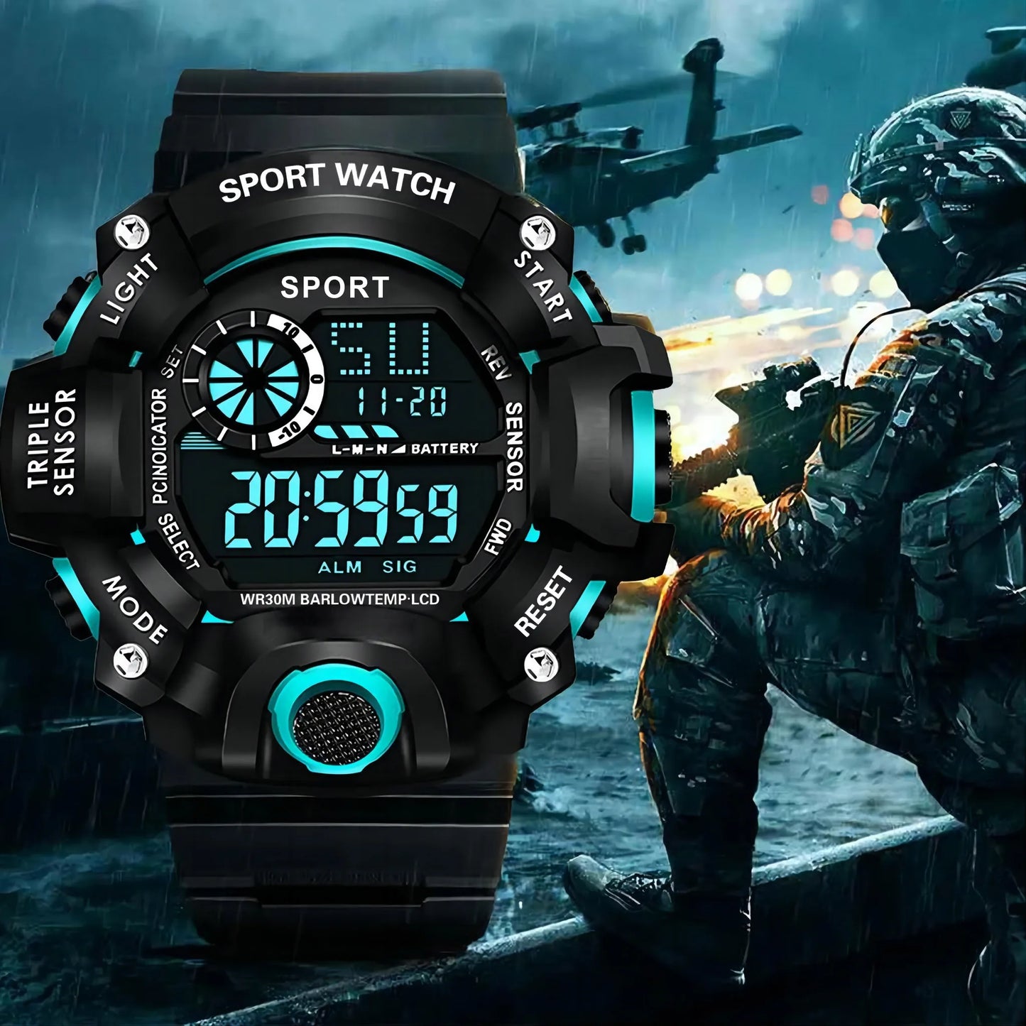 Fashion Men's Watch Sports Electronic Wristwatch Large dial Multifunctional Waterproof Luminous Alarm Kids Male's Military Watch - Bako Bako