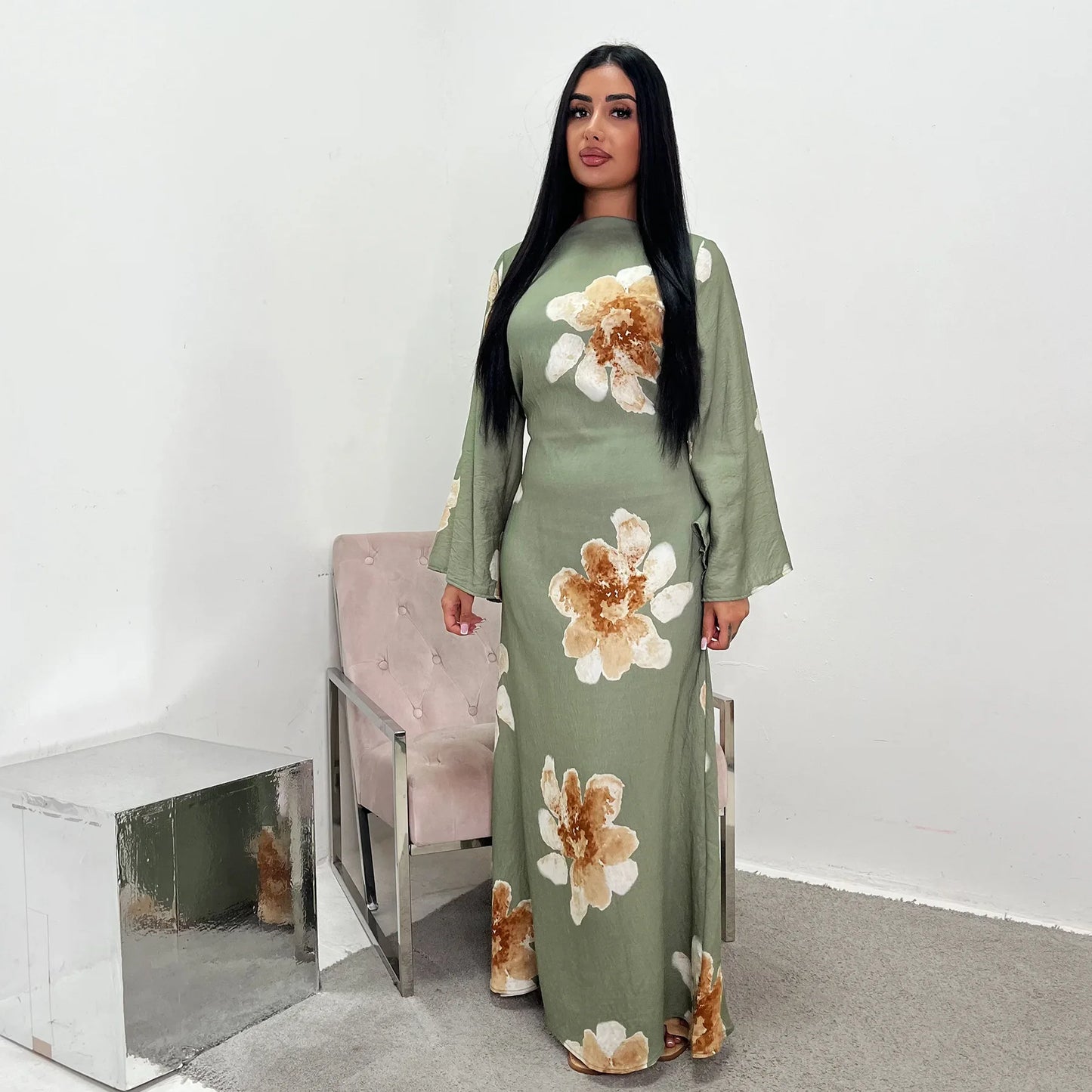 Arabesque Bell Sleeve Flowy Maxi Abaya Dress Elegant Floral Print Muslim Modest Long Dress Islamic Vacation Outfit Summer Robe - Bako Bako