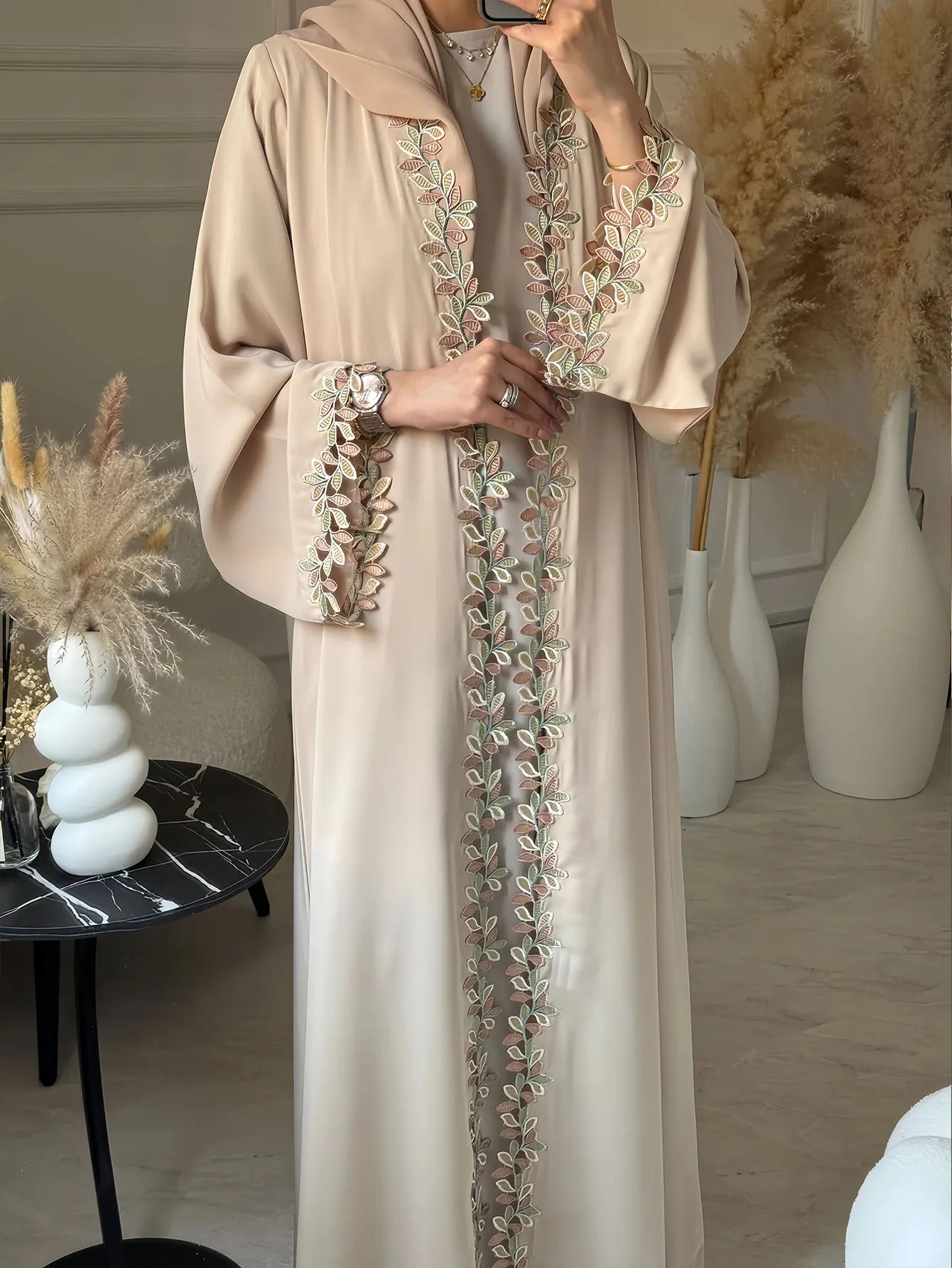 Dubai Elegant Beige Abaya for Muslim Women - Intricately Crafted with Multicolored Embroidery Piece in Islamic Modest Fashion - Bako Bako