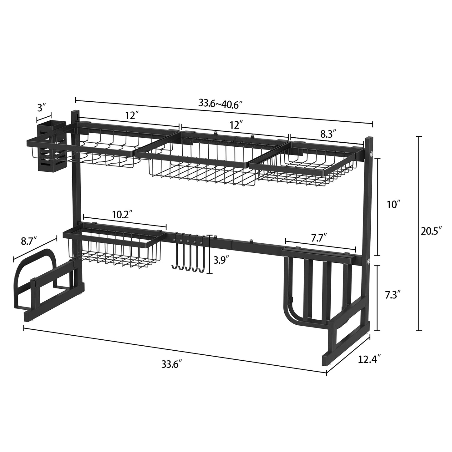 Adjustable Large Dish Drying Rack Metal Over the Sink Storage 2 - Tier Kitchen Organizer with Utensils Holder, Chopstick Holder - Bako Bako
