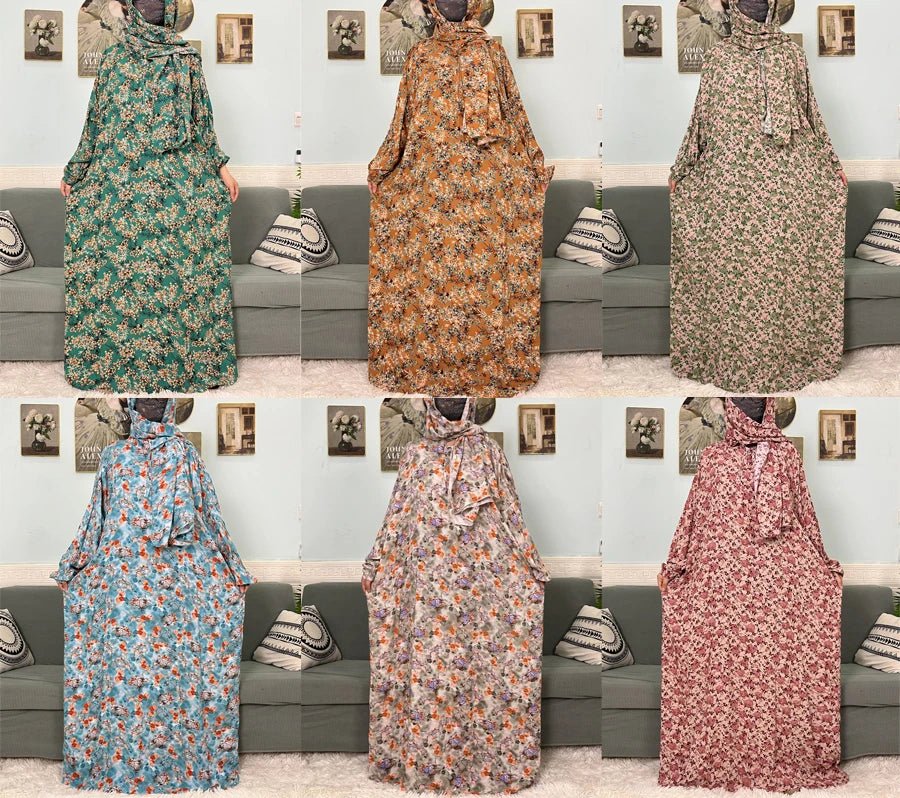Muslim Cotton Abayas For Women Traditional Floral Ramadan Prayer Garment African Caftan Marocain Femme Robe Connected Headscarf - Bako Bako