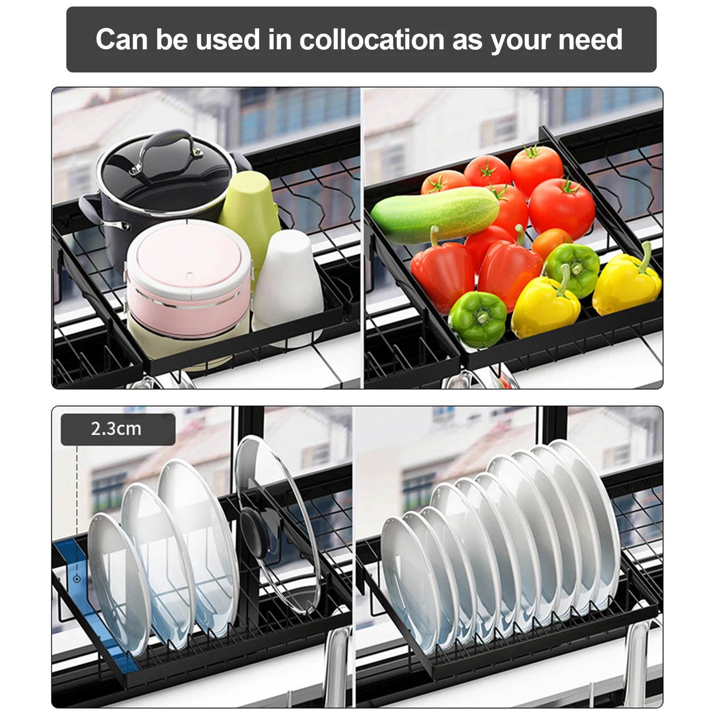 Adjustable Large Dish Drying Rack Metal Over the Sink Storage 2 - Tier Kitchen Organizer with Utensils Holder, Chopstick Holder - Bako Bako