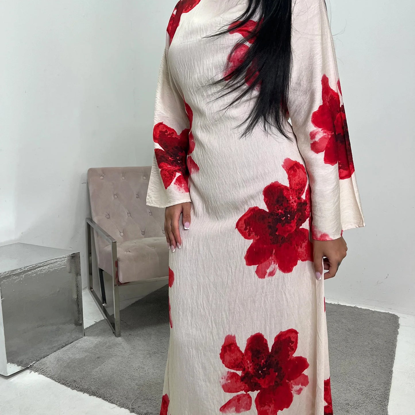 Arabesque Bell Sleeve Flowy Maxi Abaya Dress Elegant Floral Print Muslim Modest Long Dress Islamic Vacation Outfit Summer Robe - Bako Bako