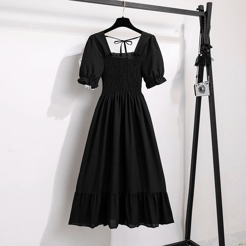 Spring Summer Chiffon Dresses Fashion Female Elastic Waist Short Sleeve Pleated Casual Dress Women A - line Dresses Vestidos - Bako Bako