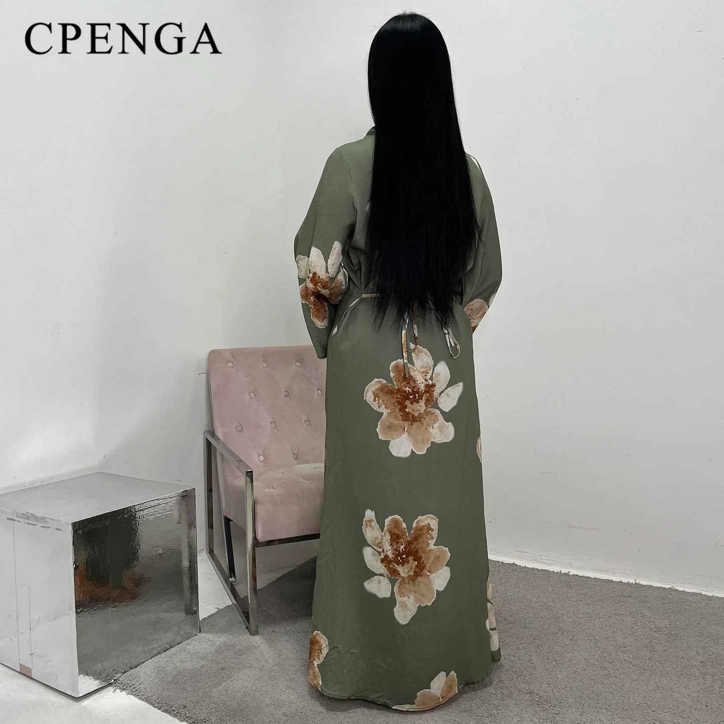 Arabesque Bell Sleeve Flowy Maxi Abaya Dress Elegant Floral Print Muslim Modest Long Dress Islamic Vacation Outfit Summer Robe - Bako Bako