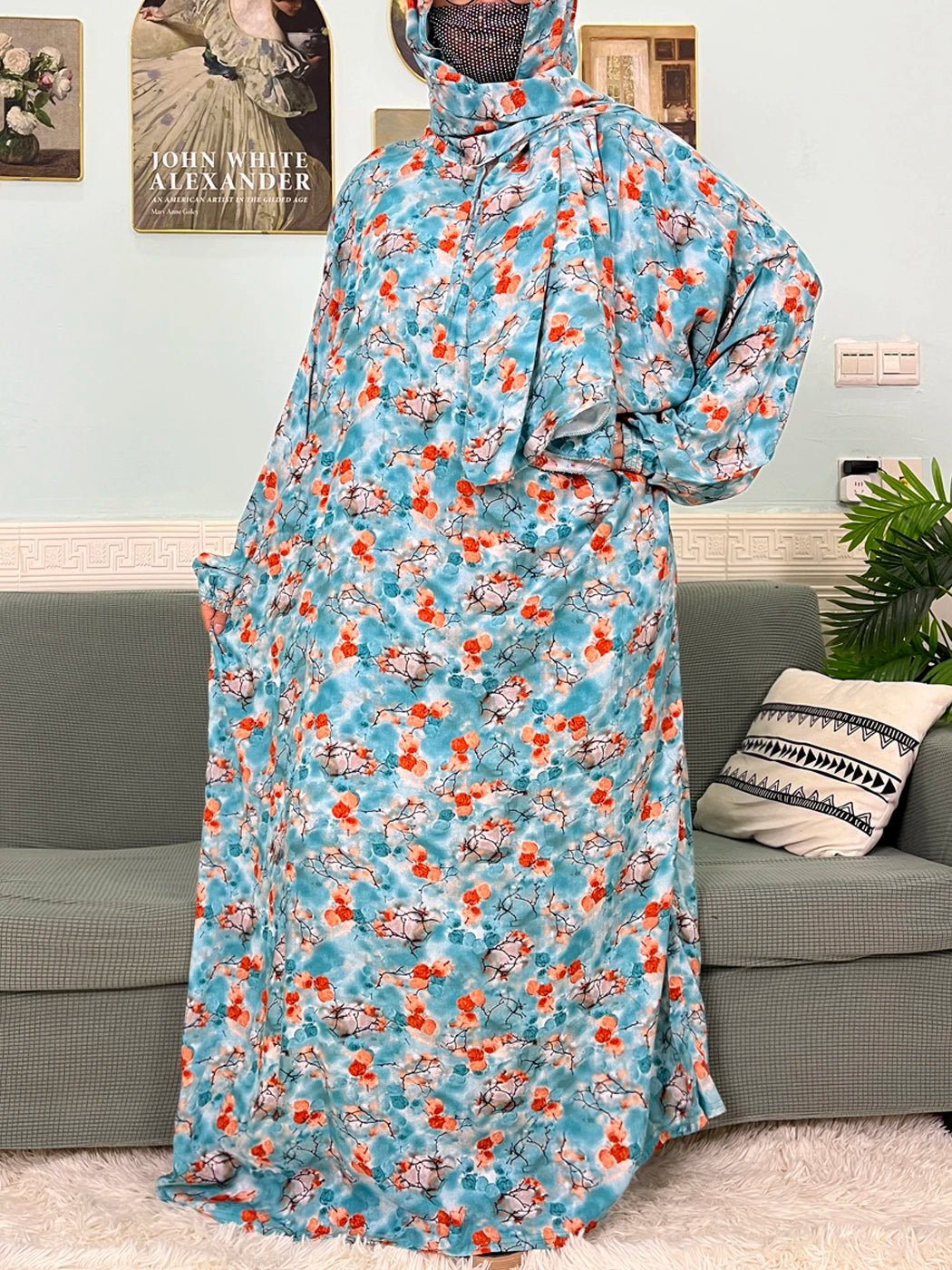 Muslim Cotton Abayas For Women Traditional Floral Ramadan Prayer Garment African Caftan Marocain Femme Robe Connected Headscarf - Bako Bako