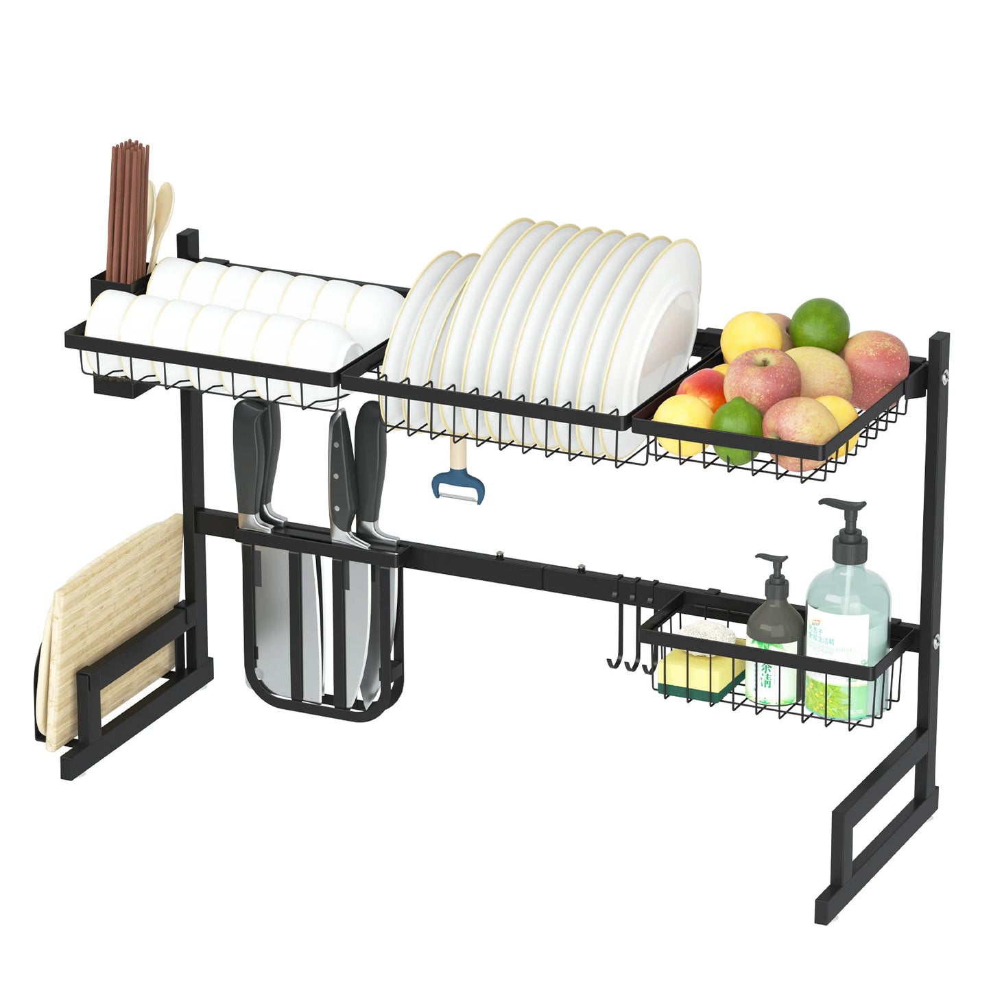 Adjustable Large Dish Drying Rack Metal Over the Sink Storage 2 - Tier Kitchen Organizer with Utensils Holder, Chopstick Holder - Bako Bako