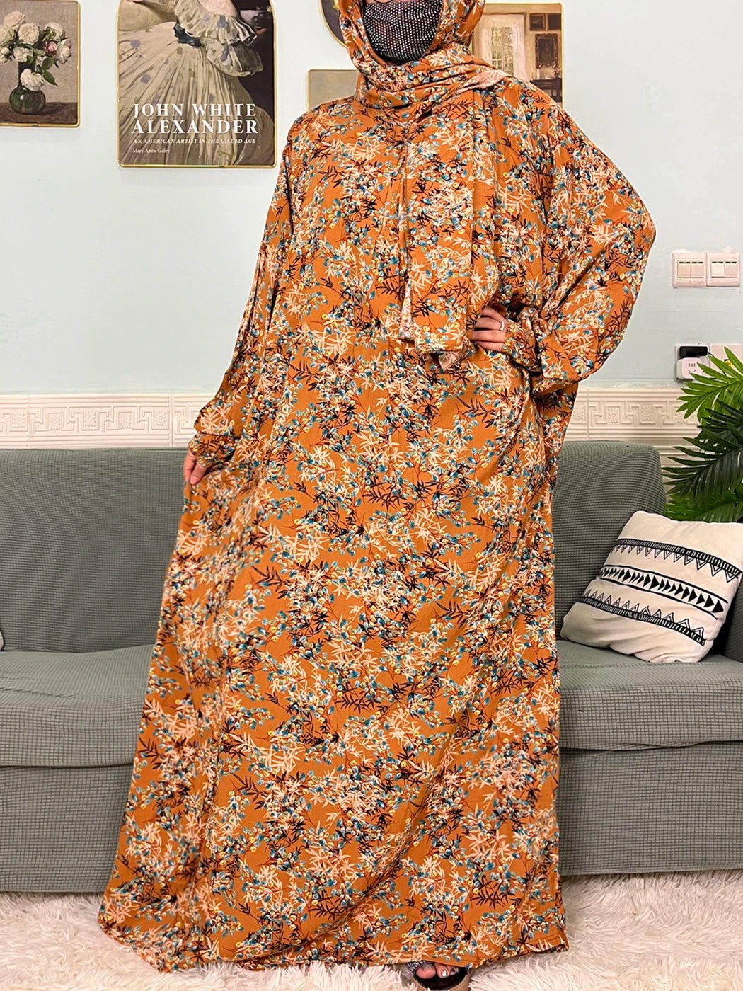 Muslim Cotton Abayas For Women Traditional Floral Ramadan Prayer Garment African Caftan Marocain Femme Robe Connected Headscarf - Bako Bako