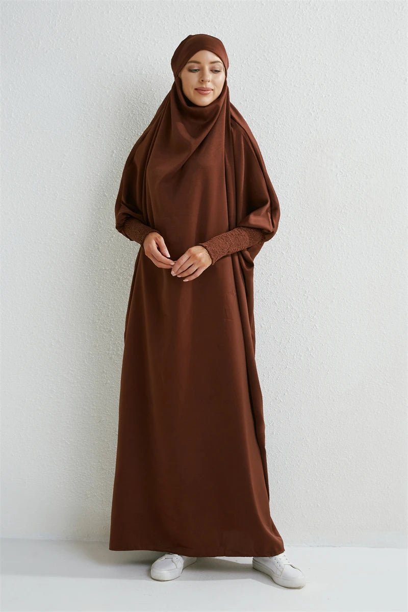 Muslim Abaya Hooded Smocking Sleeve One - piece Prayer Dress Women Jilbab Islamic Clothing Dubai Saudi Black Robe Turkish Modesty - Bako Bako