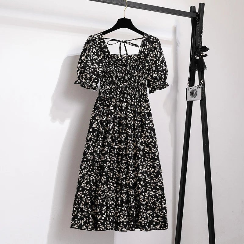 Spring Summer Chiffon Dresses Fashion Female Elastic Waist Short Sleeve Pleated Casual Dress Women A - line Dresses Vestidos - Bako Bako