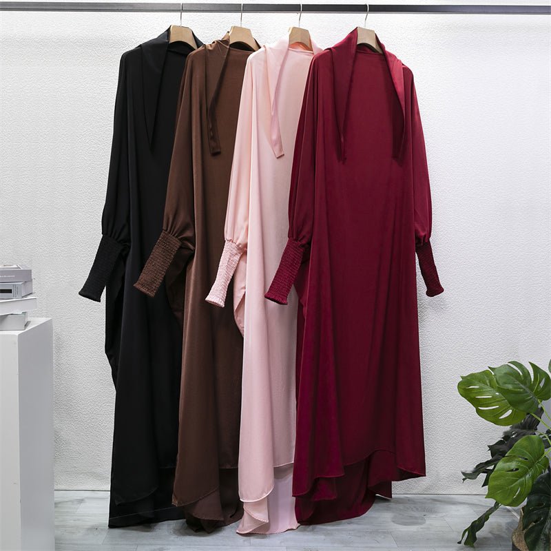 Muslim Abaya Hooded Smocking Sleeve One - piece Prayer Dress Women Jilbab Islamic Clothing Dubai Saudi Black Robe Turkish Modesty - Bako Bako