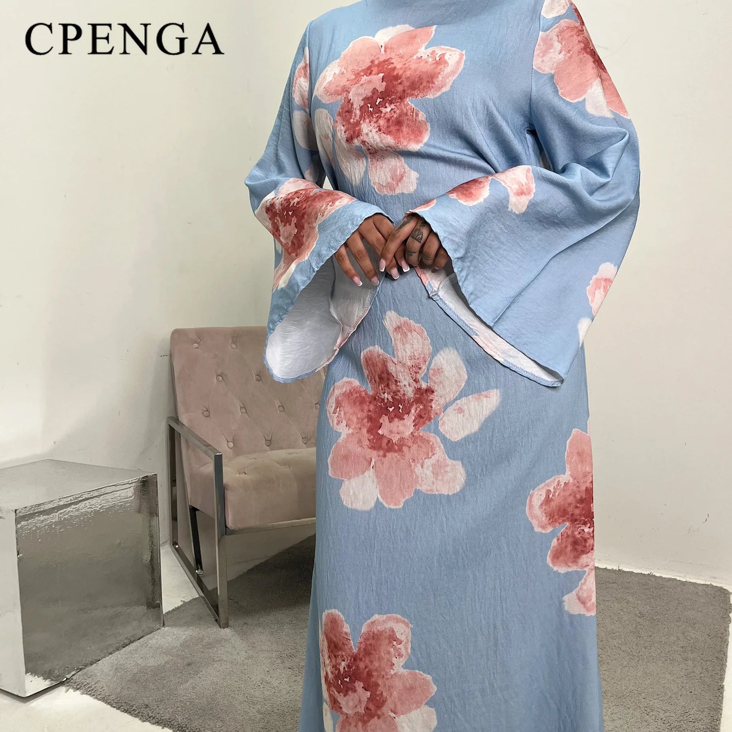 Arabesque Bell Sleeve Flowy Maxi Abaya Dress Elegant Floral Print Muslim Modest Long Dress Islamic Vacation Outfit Summer Robe - Bako Bako