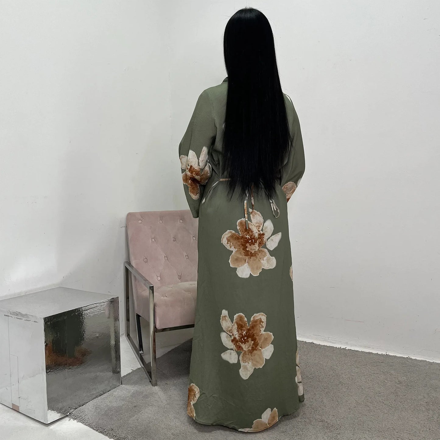 Arabesque Bell Sleeve Flowy Maxi Abaya Dress Elegant Floral Print Muslim Modest Long Dress Islamic Vacation Outfit Summer Robe - Bako Bako