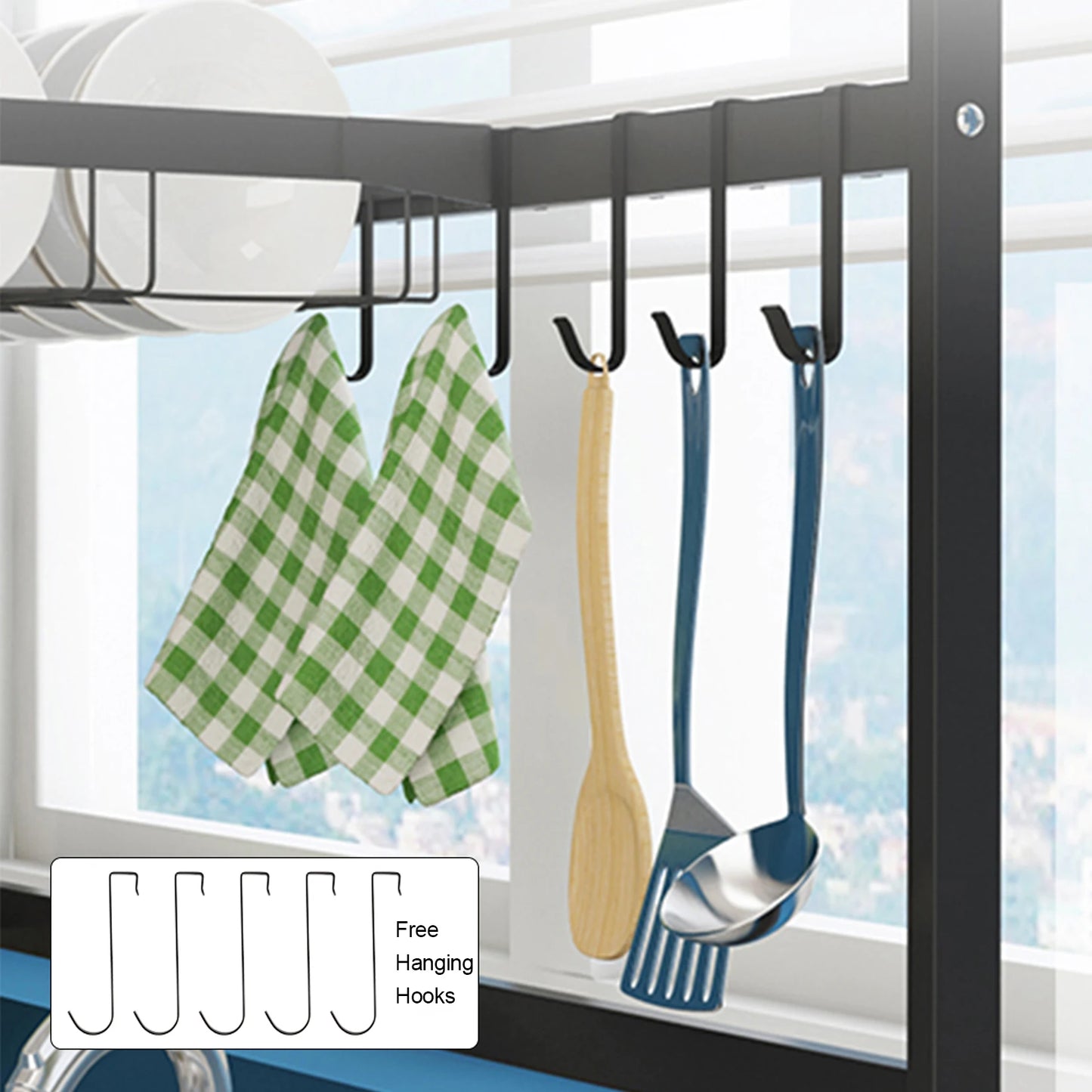 Adjustable Large Dish Drying Rack Metal Over the Sink Storage 2 - Tier Kitchen Organizer with Utensils Holder, Chopstick Holder - Bako Bako