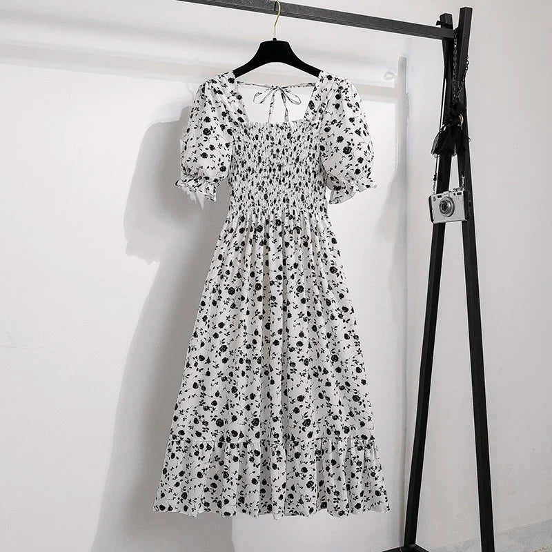 Spring Summer Chiffon Dresses Fashion Female Elastic Waist Short Sleeve Pleated Casual Dress Women A - line Dresses Vestidos - Bako Bako