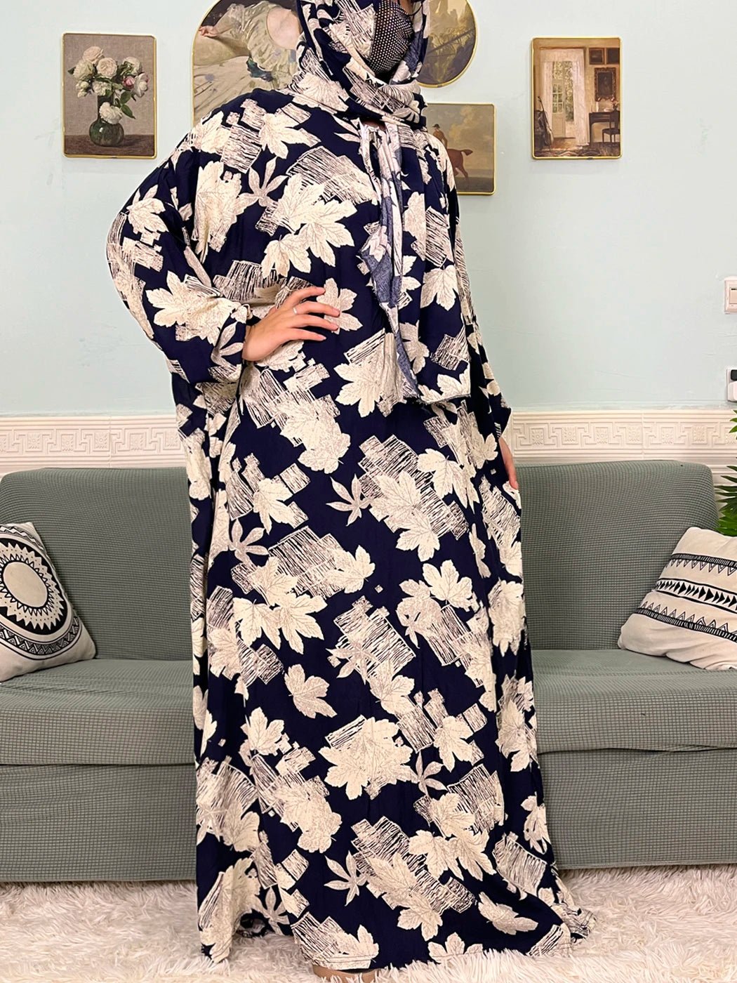 Muslim Cotton Abayas For Women Traditional Floral Ramadan Prayer Garment African Caftan Marocain Femme Robe Connected Headscarf - Bako Bako