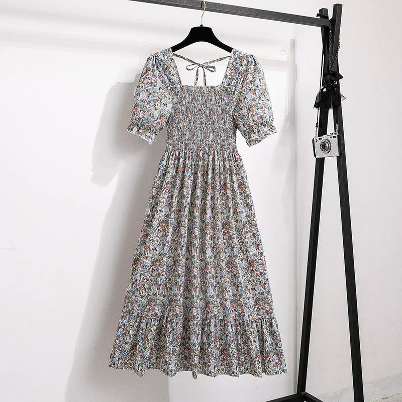 Spring Summer Chiffon Dresses Fashion Female Elastic Waist Short Sleeve Pleated Casual Dress Women A - line Dresses Vestidos - Bako Bako