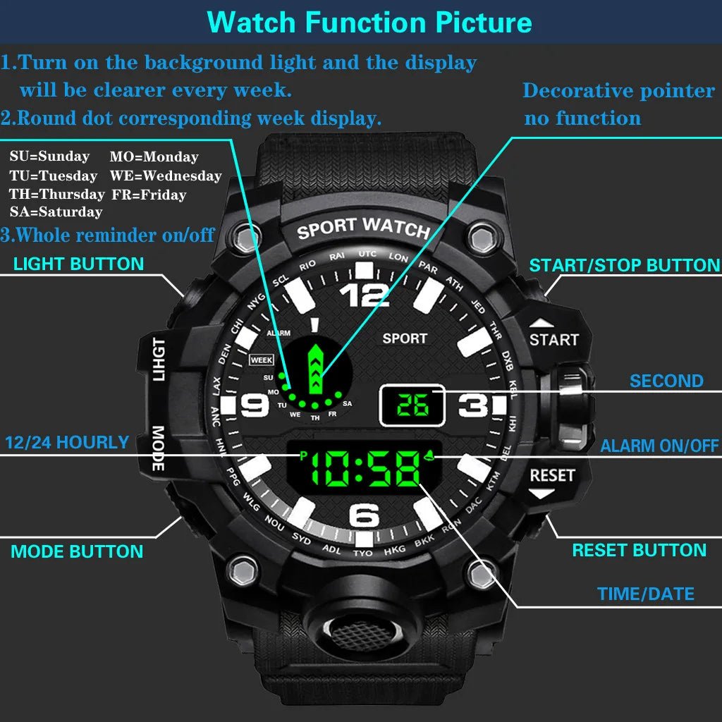 Fashion Men's Watch Sports Electronic Wristwatch Large dial Multifunctional Waterproof Luminous Alarm Kids Male's Military Watch - Bako Bako