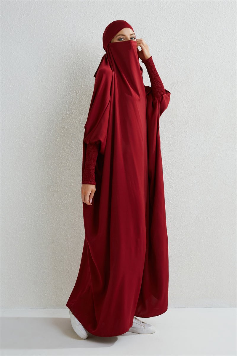 Muslim Abaya Hooded Smocking Sleeve One - piece Prayer Dress Women Jilbab Islamic Clothing Dubai Saudi Black Robe Turkish Modesty - Bako Bako