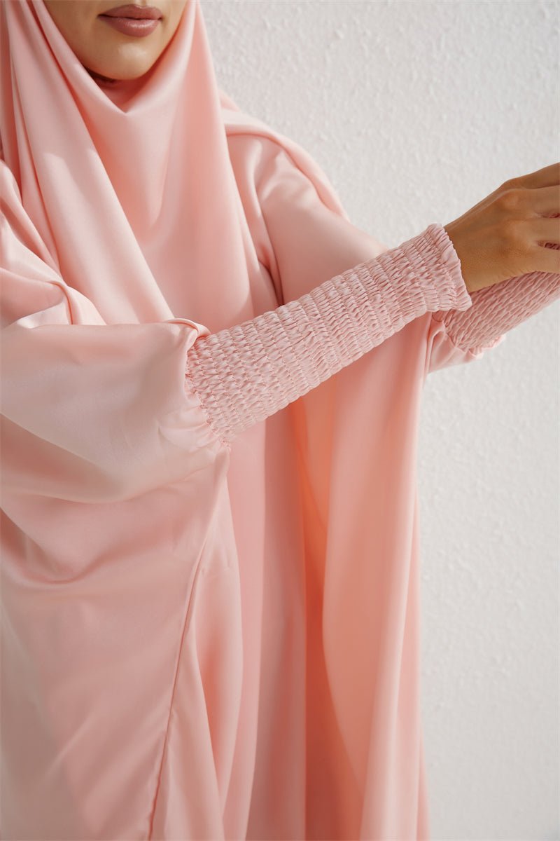 Muslim Abaya Hooded Smocking Sleeve One - piece Prayer Dress Women Jilbab Islamic Clothing Dubai Saudi Black Robe Turkish Modesty - Bako Bako