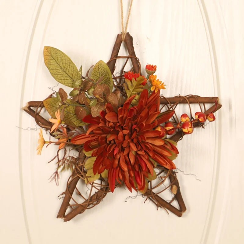 Star Heart Fall Wreath Sunflower Maple Leaf Harvest Wreath Artificial Thanksgiving Flower Garlands Door Wall Pendant Decor - Bako Bako