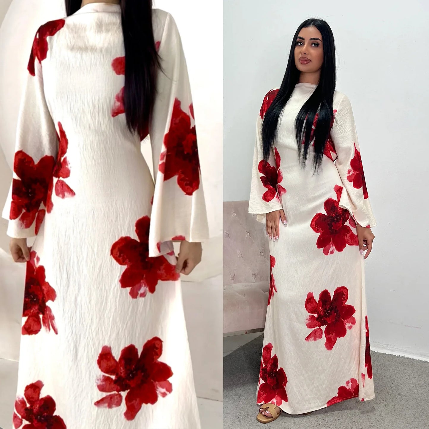 Arabesque Bell Sleeve Flowy Maxi Abaya Dress Elegant Floral Print Muslim Modest Long Dress Islamic Vacation Outfit Summer Robe - Bako Bako