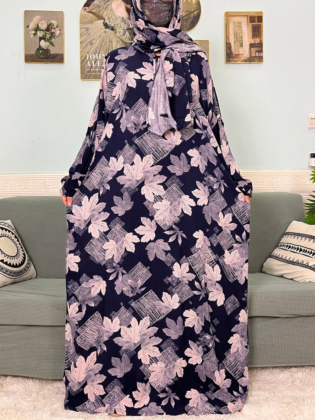 Muslim Cotton Abayas For Women Traditional Floral Ramadan Prayer Garment African Caftan Marocain Femme Robe Connected Headscarf - Bako Bako