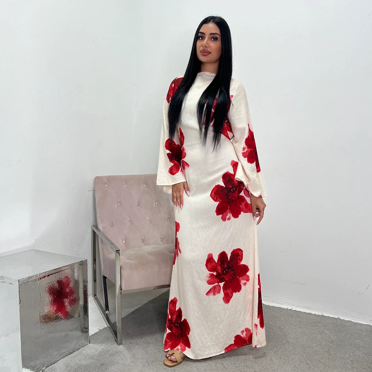 Arabesque Bell Sleeve Flowy Maxi Abaya Dress Elegant Floral Print Muslim Modest Long Dress Islamic Vacation Outfit Summer Robe - Bako Bako