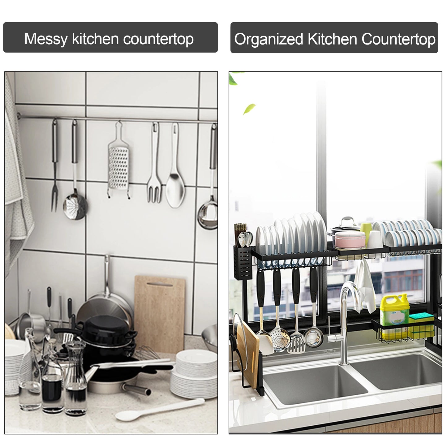 Adjustable Large Dish Drying Rack Metal Over the Sink Storage 2 - Tier Kitchen Organizer with Utensils Holder, Chopstick Holder - Bako Bako