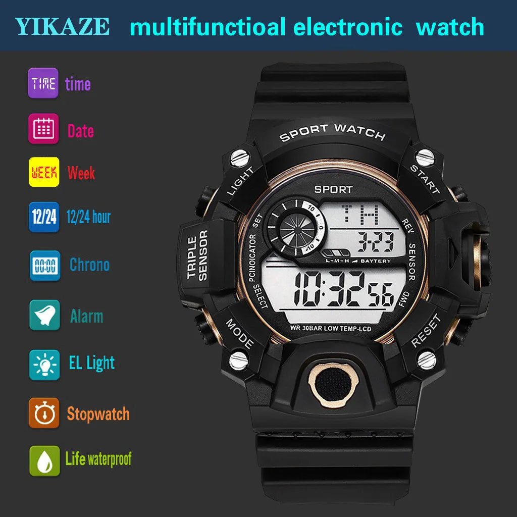 Fashion Men's Watch Sports Electronic Wristwatch Large dial Multifunctional Waterproof Luminous Alarm Kids Male's Military Watch - Bako Bako