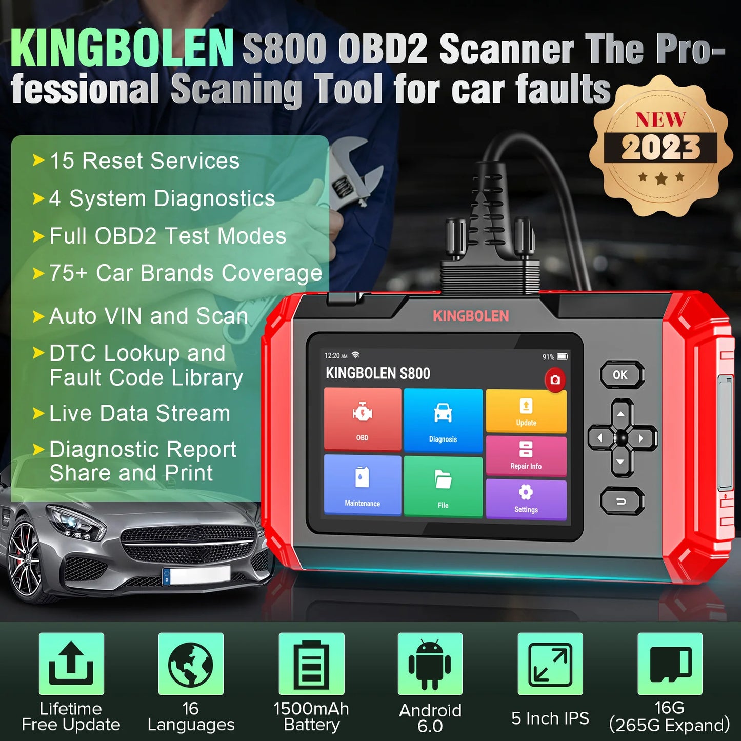 KINGBOLEN S800 4 Systems Engine ABS SRS Transmission OBD2 Scanner 15 Resets Scan Tool EOBD Diagnostic Tool Lifetime Free Update - Bako Bako