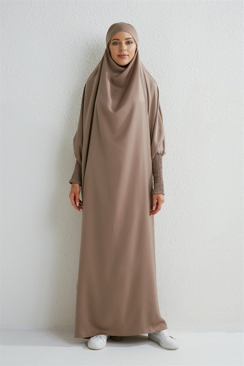 Muslim Abaya Hooded Smocking Sleeve One - piece Prayer Dress Women Jilbab Islamic Clothing Dubai Saudi Black Robe Turkish Modesty - Bako Bako