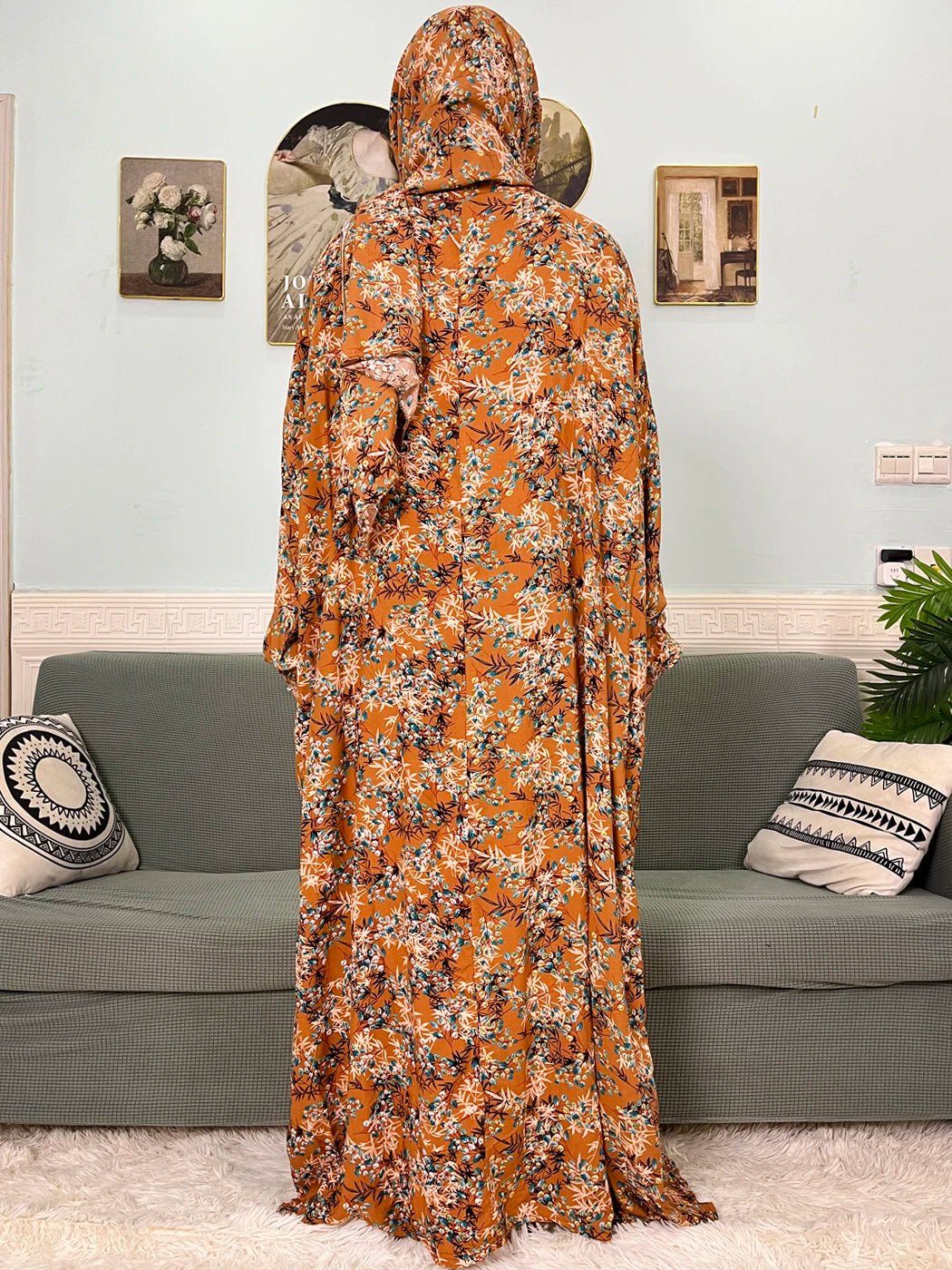 Muslim Cotton Abayas For Women Traditional Floral Ramadan Prayer Garment African Caftan Marocain Femme Robe Connected Headscarf - Bako Bako