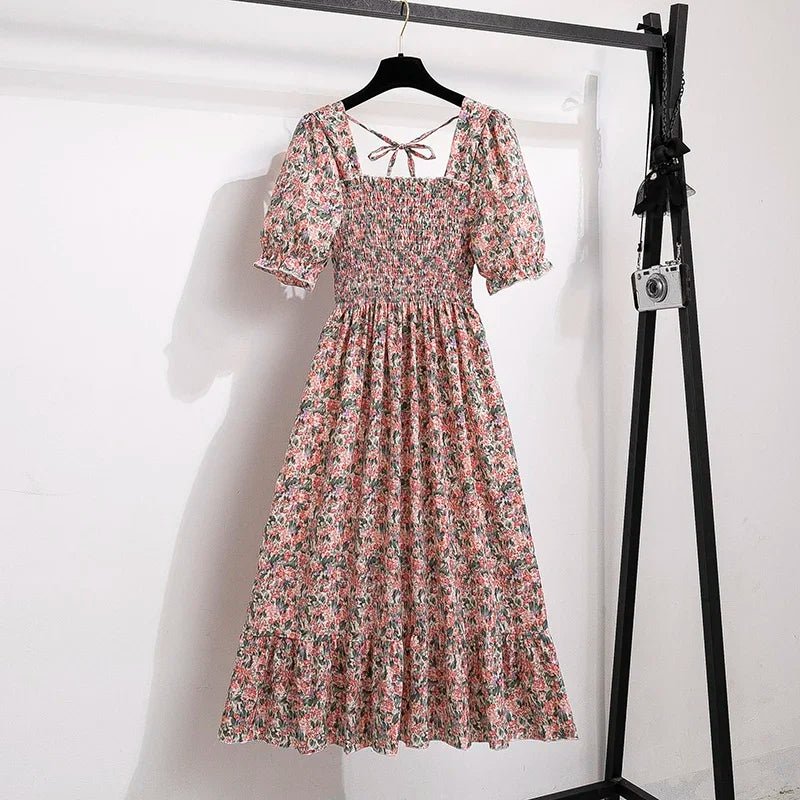 Spring Summer Chiffon Dresses Fashion Female Elastic Waist Short Sleeve Pleated Casual Dress Women A - line Dresses Vestidos - Bako Bako