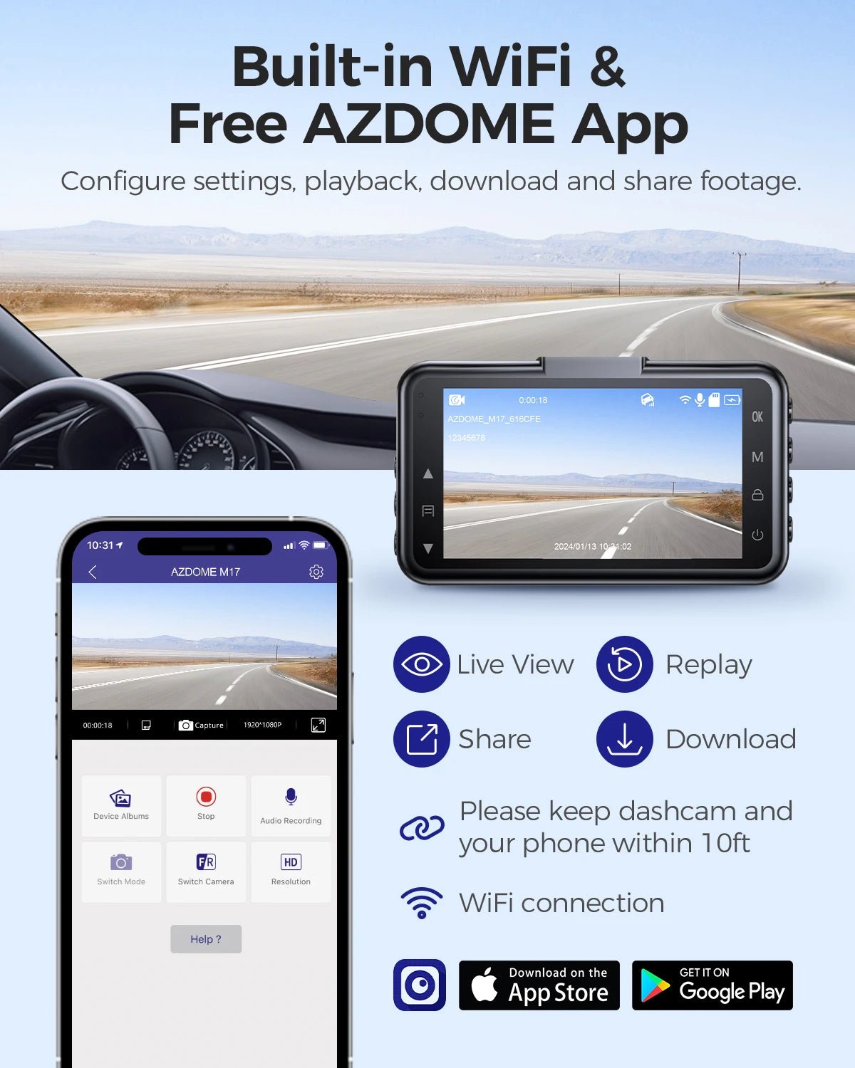 AZDOME Dash Cam M17 1080P Front Cam Built - in ADAS GPS Car Camera 24H Parking Monitor Night Vision Car DVR WIFI APP 150°FOV - Bako Bako