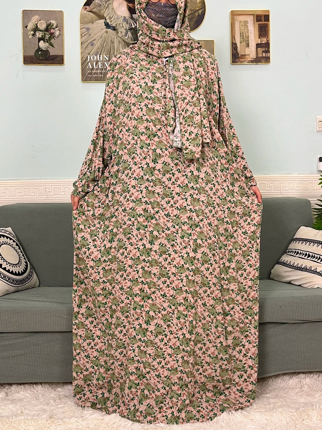 Muslim Cotton Abayas For Women Traditional Floral Ramadan Prayer Garment African Caftan Marocain Femme Robe Connected Headscarf - Bako Bako