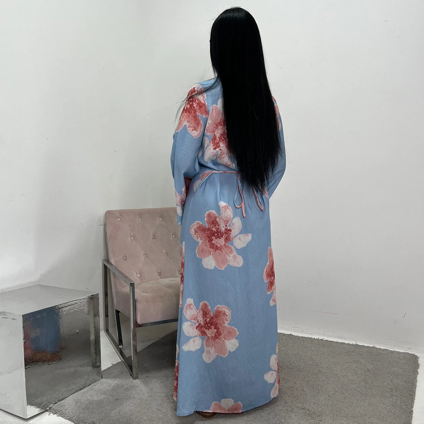 Arabesque Bell Sleeve Flowy Maxi Abaya Dress Elegant Floral Print Muslim Modest Long Dress Islamic Vacation Outfit Summer Robe - Bako Bako