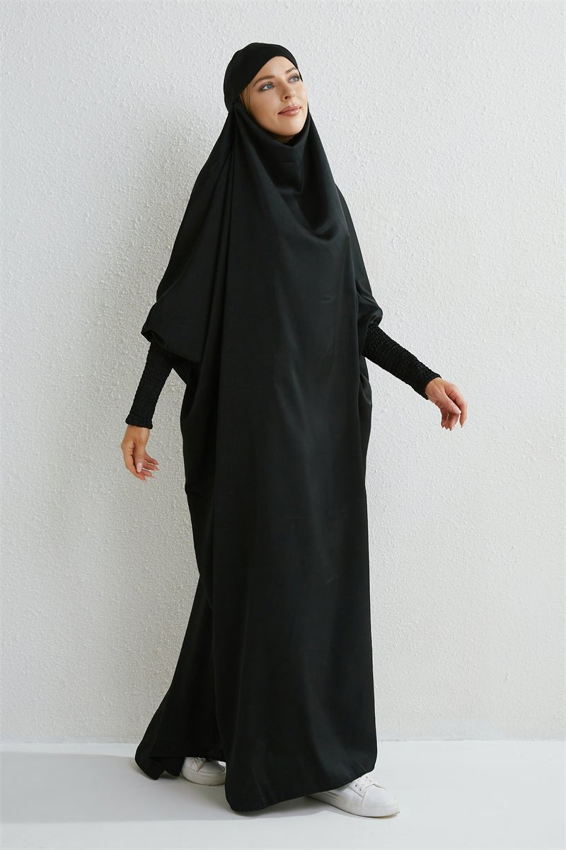 Muslim Abaya Hooded Smocking Sleeve One - piece Prayer Dress Women Jilbab Islamic Clothing Dubai Saudi Black Robe Turkish Modesty - Bako Bako
