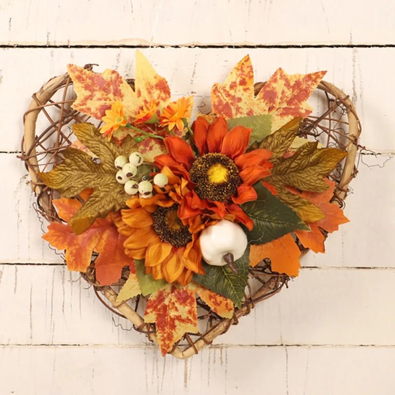 Star Heart Fall Wreath Sunflower Maple Leaf Harvest Wreath Artificial Thanksgiving Flower Garlands Door Wall Pendant Decor - Bako Bako