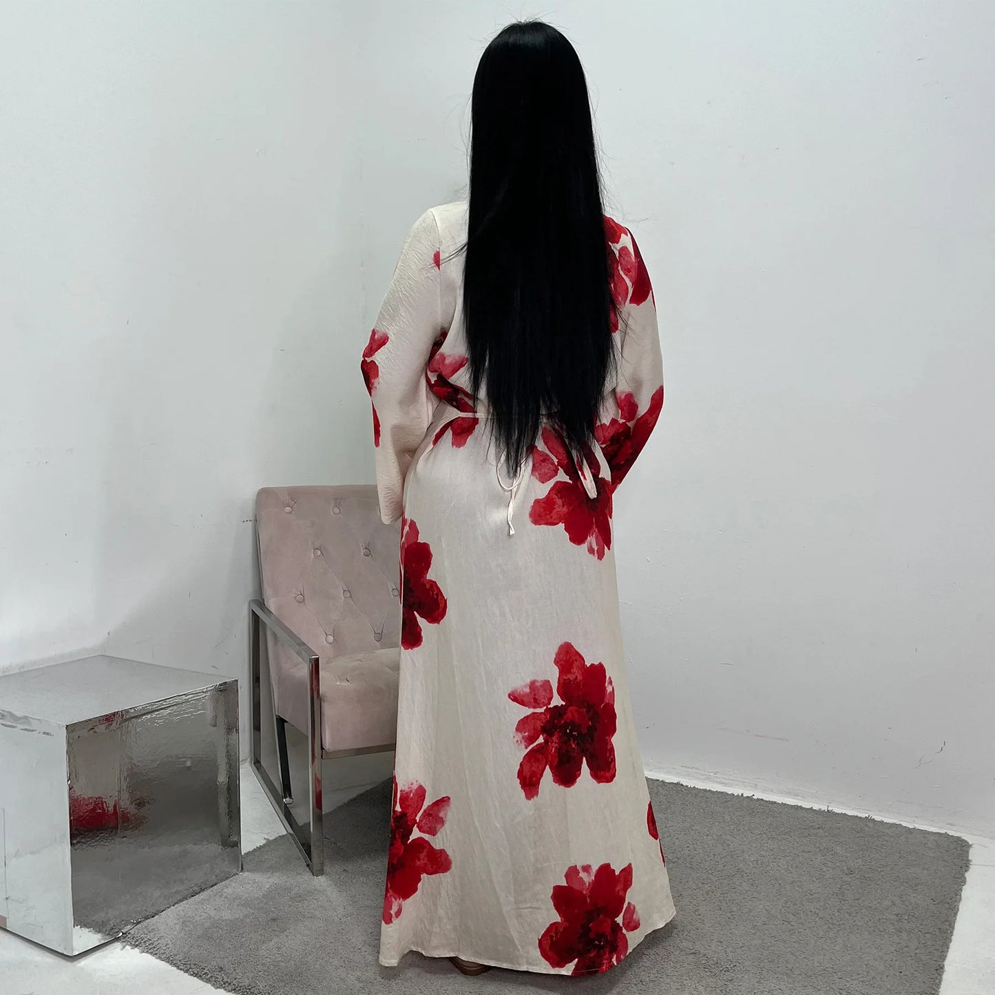Arabesque Bell Sleeve Flowy Maxi Abaya Dress Elegant Floral Print Muslim Modest Long Dress Islamic Vacation Outfit Summer Robe - Bako Bako