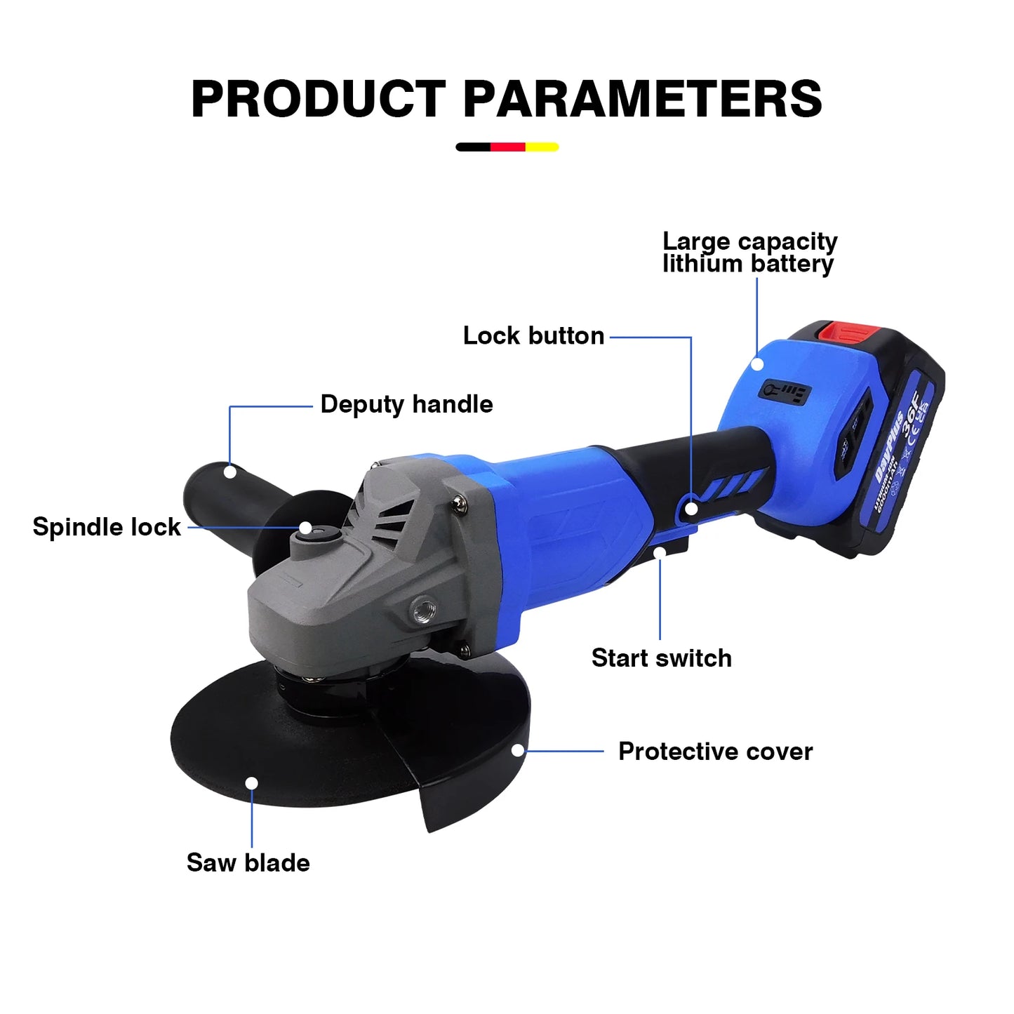 Cordless Angle Grinder 21V Brushless Tool 3000mAh Battery, 2 - Position Adjustable Auxiliary Handle for Cutting/Grinding/Polishing - Bako Bako