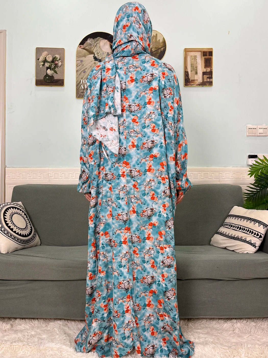 Muslim Cotton Abayas For Women Traditional Floral Ramadan Prayer Garment African Caftan Marocain Femme Robe Connected Headscarf - Bako Bako